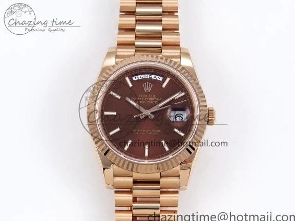0125 SunProtective Day Date 40 RG JDF 904L Steel Brown Textured Stick Dial on President Bracelet VR3255 V3 (Gain Weight) 1359